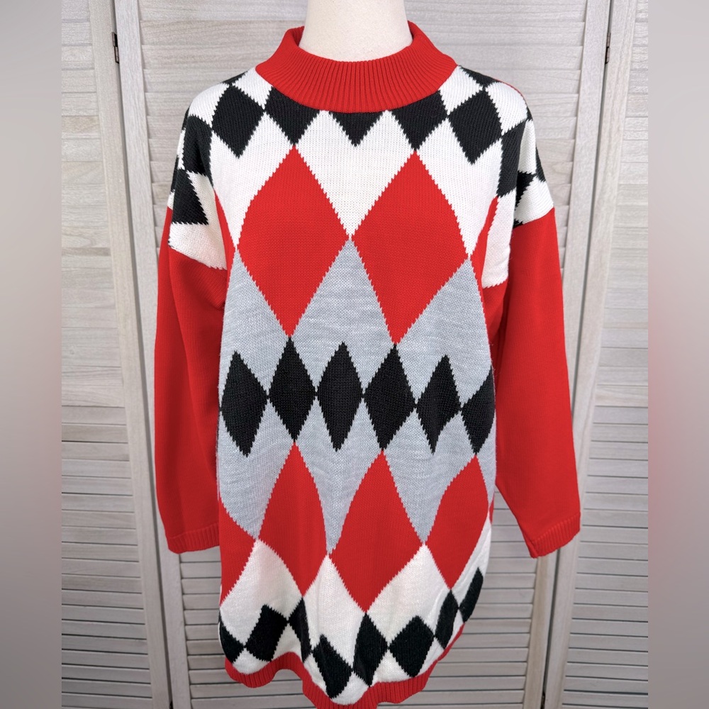 TRAFFIC JAM Vintage 80's Mock Neck Argyle Sweater Red/Multi-L/XL